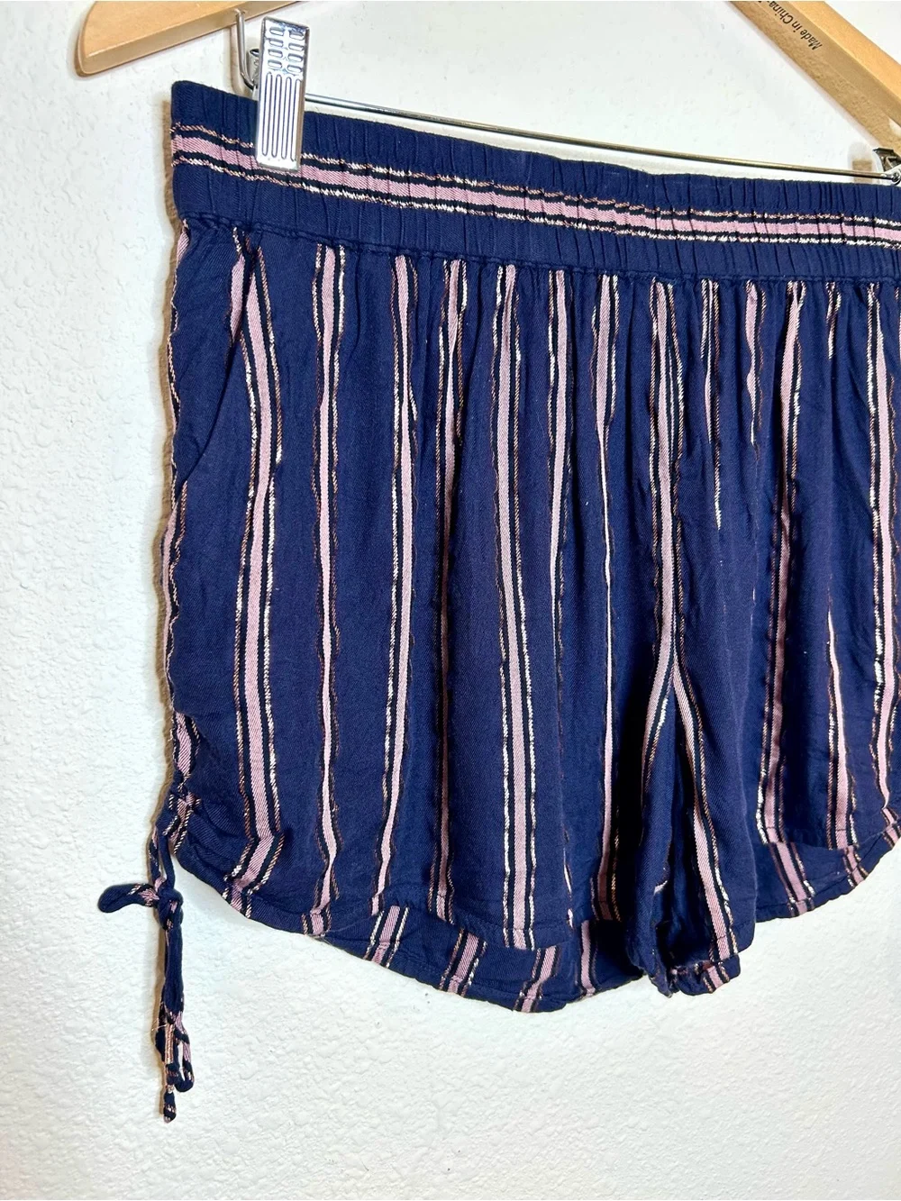 Anthropologie Navy & Pink Metallic Striped Woven Drawstring Shorts M